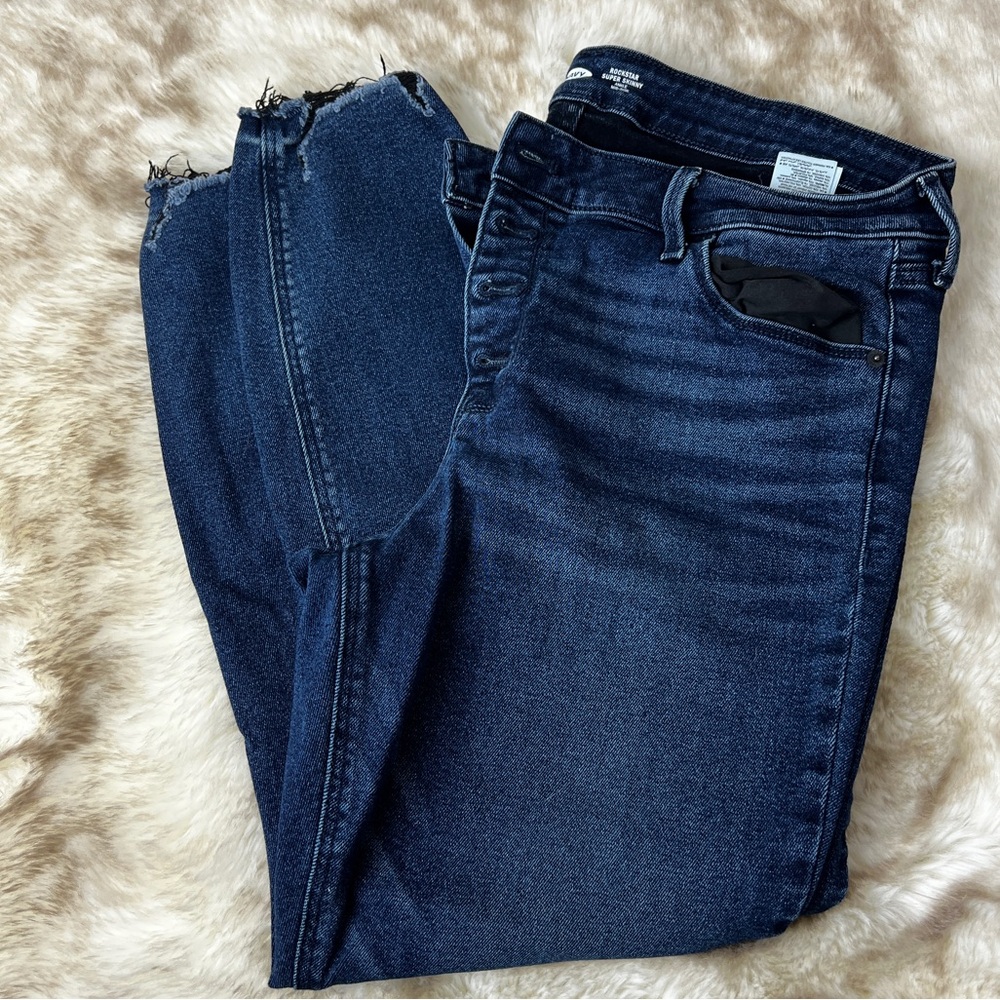 Old Navy Dark Wash Button Un-Hemmed Jeans, with Black Thread Detail, sz. 14